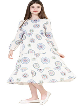 Gülücük Kids G01602-429 Kız Çocuk Keten Desenli Elbise - Gülücük - Beyaz - ST01602-Beyaz-13 YAŞ