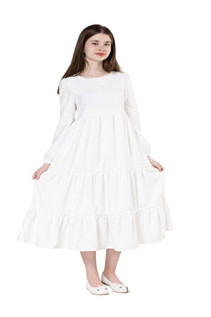 Gülücük Kids G01641-428 Kız Çocuk Kesme Keten Desenli Elbise - Gülücük - Beyaz - ST01641-Beyaz-10 YAŞ