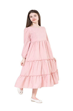 Gülücük Kids G01641-428 Kız Çocuk Kesme Keten Desenli Elbise - Gülücük - Pembe - ST01641-Pembe-13 YAŞ