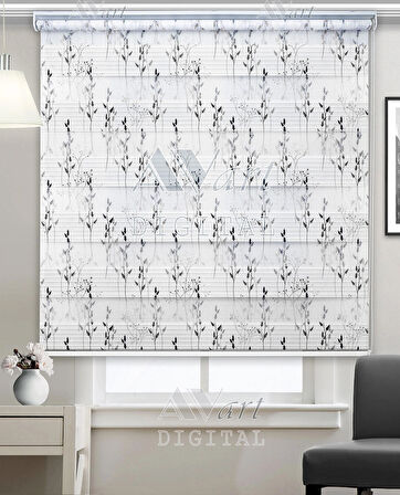 Kır Bitkileri Baskılı Zebra Perde - Gri Siyah -  Dijital Baskılı Zebra Stor Perde