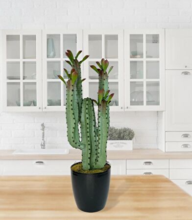 Yapay Çiçek Kaktüs Ağacı 4kollu Kızıl YapraklıSiyah Saksıda 70*22cm 4027