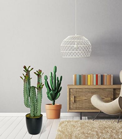 Yapay Çiçek Kaktüs Ağacı 4kollu Kızıl YapraklıSiyah Saksıda 70*22cm 4027