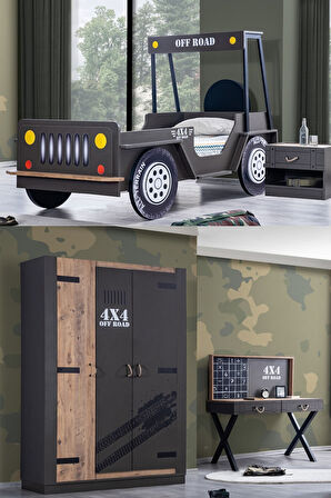 Çocuk Odası - Offroad Plus 3 Kapılı Dolap, Jeep Karyola, Komodin, Masa