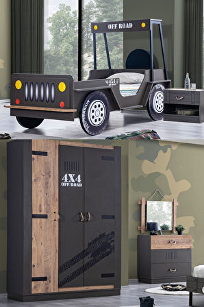 Çocuk Odası - Offroad Plus 3 Kapılı Dolap, Jeep Karyola, Komodin Şifonyer