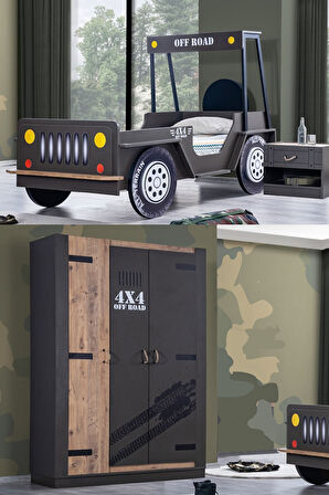 Çocuk Odası - Offroad Plus 3 Kapılı Dolap, Jeep Karyola, Komodin