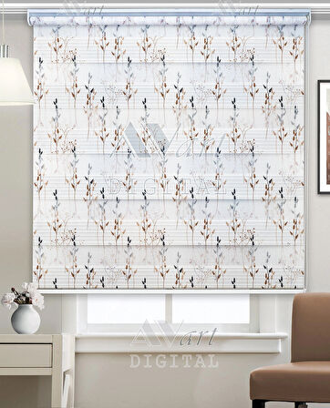 Kır Bitkileri Baskılı Zebra Perde - Kahverengi Siyah -  Dijital Baskılı Zebra Stor Perde