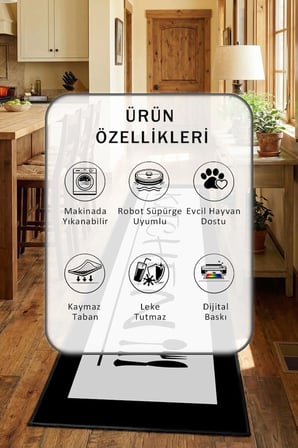 Kitchen Acık Gri Siyah Kenar Siyah Mutfak Tezgah Önü Yıkanabilir Dijital Baskılı Halı