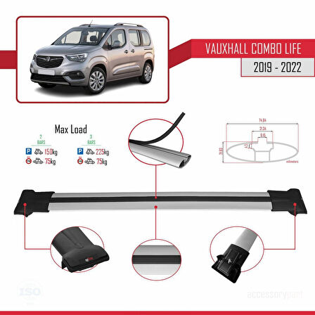 Vauxhall Combo E Life 2019-2022 Arası ile Uyumlu FLY Model Ara Atkı Tavan Barı Gri 2 Adet
