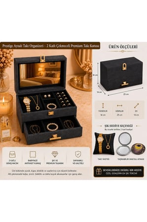Prestige Aynalı Takı Organizeri – 2 Katlı Çekmeceli Premium Takı Kutusu