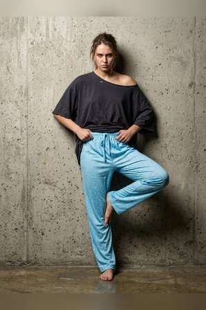 Büyük Beden Tek Alt Pijama Yumuşak Milan Kumaş İpli Bel Mavi Yıldız Geometrik Loungewear Pantolon