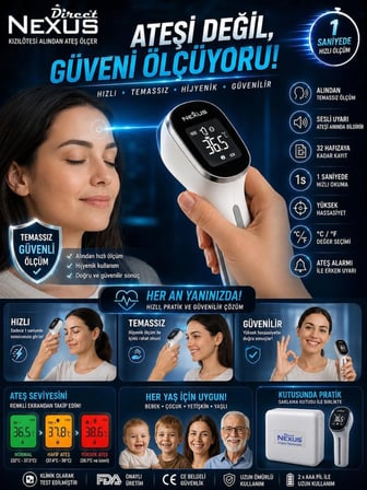 Temassız Kızılötesi Ateş Ölçer | 1 Saniyede Hızlı Ölçüm | LCD Ekranlı Dijital Termometre I Nexus