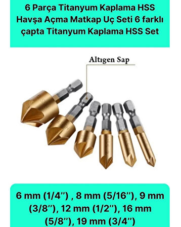 6 Parça Premium Titanyum Kaplama Bits Uçlu Kırılmaz A Kalite Paslanmaz Havşa Açma Matkap Uç Seti