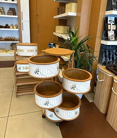 Ahşap Yuvarlak Zeytin Sebzelik 5 Katlı Yana Açılır Patates Soğan Tekerlekli Sebzelik