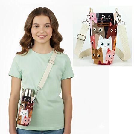 Woodycord 0,5 Litrelik Matara Kılıfı Su Şişesi Taşıma Çantası Sevimli Kediler Temalı 