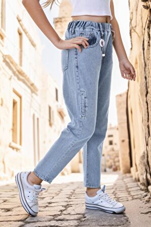 Kız Çocuk Bel Lastikli Mom Fit Dar Paça Kot Jean Pantolon-PNT-0036