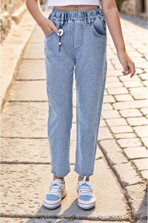 Kız Çocuk Bel Lastikli Mom Fit Dar Paça Kot Jean Pantolon-PNT-0036