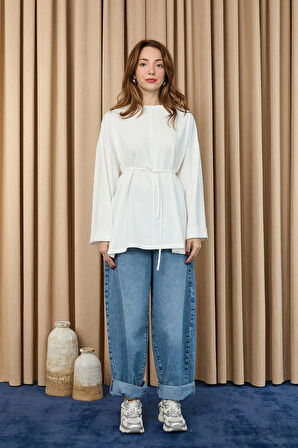Kadın Düşük Omuz Detaylı Bağlama Aksesuarlı Bluz