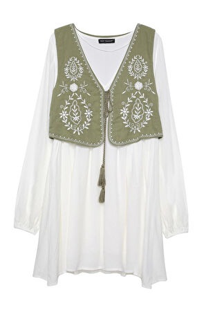 Yelek Detaylı Elbise Ekru