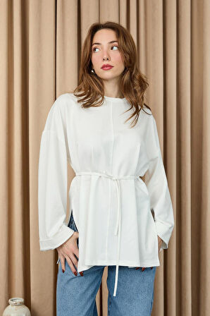 Kadın Düşük Omuz Detaylı Bağlama Aksesuarlı Bluz