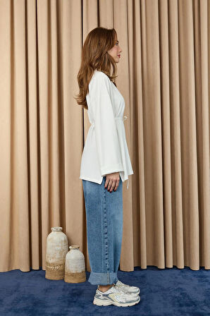 Kadın Düşük Omuz Detaylı Bağlama Aksesuarlı Bluz