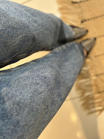 Yırtık Paçalı %100 Pamuk Denim Pantolon - Mavi
