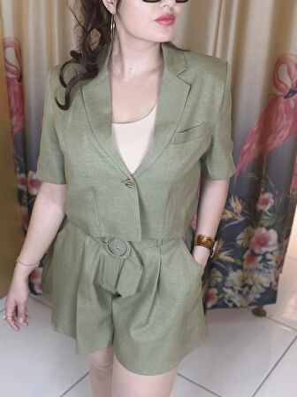 Kemer Detaylı Mini Şort Haki