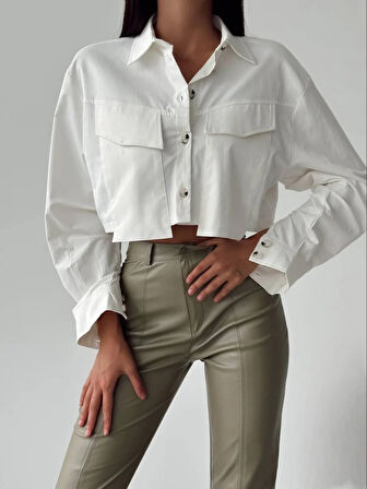 Paça Fermuarlı Deri Pantolon Haki