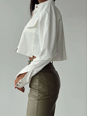 Paça Fermuarlı Deri Pantolon Haki