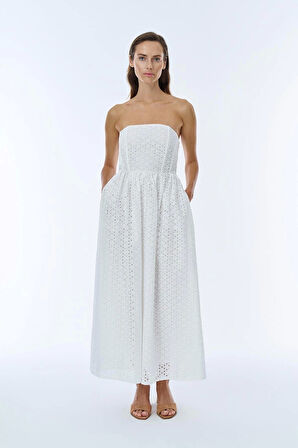 Midi Boy Brode Elbise Ekru