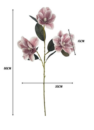 Yapay Çiçek Pudra Pembe Manolya Islak Doku 3 Kafalı Uzun Dal Çiçek Flowers 80cm