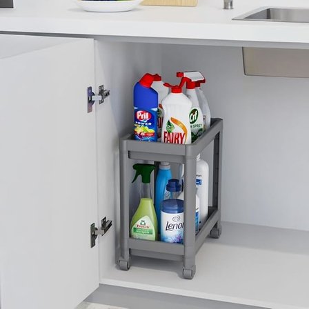 2 Katlı Tekerlekli Tezgah Altı Raf Organizer Düzenleyici Raf Ünitesi, Evye Altı Dolap İçi Düzenleyici, Mutfak Banyo Deterjanlık Şampuanlık Sebzelik,Taşınabilir Saklama Rafı (Gri)