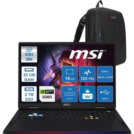 MSI Raider 18 Max Hx A2WI-1040TR Intel Core Ultra 9 290HX Plus 32GB Ddr5 2tb SSD Rtx 5080 16GB 175W Freedos 18” Uhd+ (3840X2400) Miniled 120HZ IPS Oyuncu Bilgisayarı 1040TRF02 + Zetta Çanta