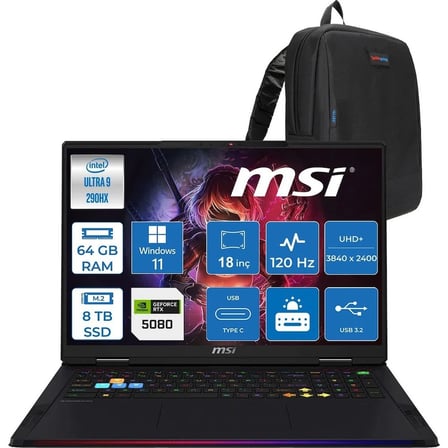 MSI Raider 18 Max Hx A2WI-1040TR Intel Core Ultra 9 290HX Plus 64GB Ddr5 8tb SSD Rtx 5080 16GB 175W Windows 11 Pro 18” Uhd+ (3840X2400) Miniled 120HZ IPS Oyuncu Bilgisayarı 1040TRP15 + Zetta Çanta