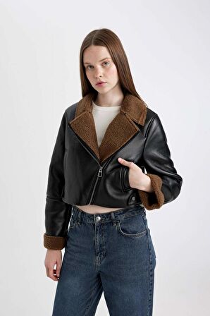 DeFacto Su İtici Regular Kalıp Fermuarlı İçi Suni Kürklü Kısa Suni Deri Mont C1238AX24WNBK27