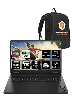 HP OMEN 17 R7 8845HS 96GB RAM 4TB SSD RTX4070/8GB 240Hz 17.3'' QHD W11H Gaming Laptop & PER4 ÇANTA
