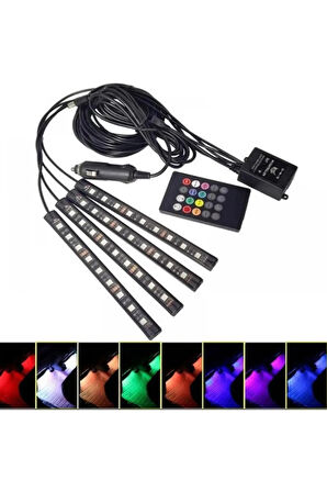 Araç Ayak Altı Led Lamba 12 Led 4 Lü RGB Araç Içi Müziğe Duyarlı Aydınlatma Kumandalı 12 LED 4 Lü