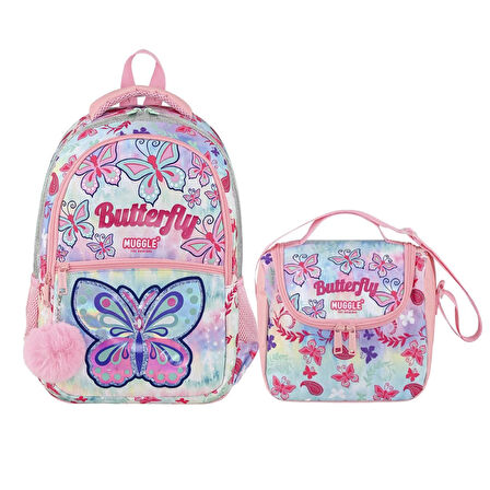 Muggle 3 Bölmeli Butterfly Okul Çantası + Termoslu Beslenme Çantası + Kalemlik