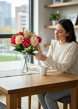 Yapay Çiçek Kartopu Krizantem Fuşya Pembe 5Dallı 10toplu Demet 30cm