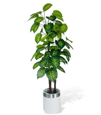 Yapay Çiçek Difenbahya Sarı Yeşil 3Katlı 160cm 54Yaprak Gümüş Kemerli Beyaz Saksıda Yapay Bitki