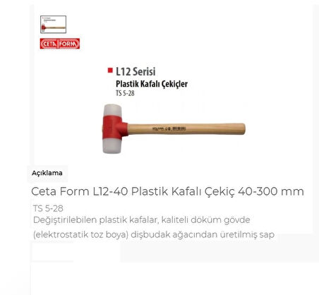 Ceta Form L12-40 Plastik Kafalı Çekiç 40-300 Mm