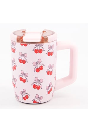 Fiyonklu Kiraz Desenli Kulplu Çelik Termos Mug - Pembe Sızdırmaz Kapaklı Kahve Bardağı⁠ 440ml