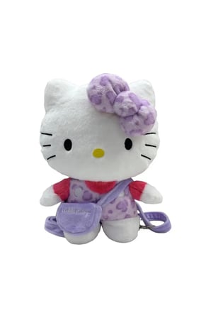 MINISO Sanrio Lisanslı Hello Kitty Peluş Sırt Çantası Mor – Leopar Desenli 30 Cm