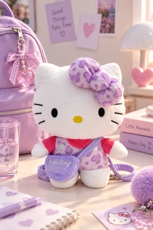 MINISO Sanrio Lisanslı Hello Kitty Peluş Sırt Çantası Mor – Leopar Desenli 30 Cm