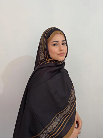 Aminenesil Etnik Düz Acıkahve Hardal Renk Şal