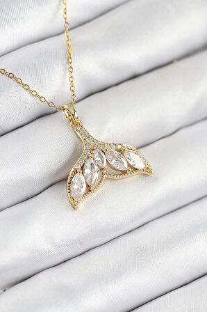 316L Çelik Zirkon Taşlı Balık Kuyruğu Model Gold Renk Kadın Kolye