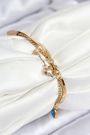 316L Çelik Nazar Boncuk Detaylı Mavi Zirkon Taşlı Model İtalyan Zincir Gold Renk Kadın Bileklik