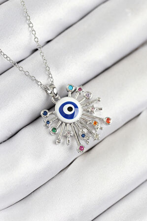 316L Çelik Zirkon Taşlı Nazar Model Gümüş Renk Kadın Kolye