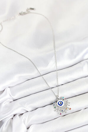 316L Çelik Zirkon Taşlı Nazar Model Gümüş Renk Kadın Kolye