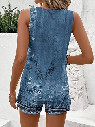 Kadın Askılı Yuvarlak Yaka çiçek Baskılı Süprme Bluz Ve Short Ikili Takım