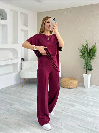 Kadın Kısa Kollu Kayık Yakalı Dikiş Izi Detaylı Viskon Iki Iplik Bluz Ve Pantolon Ikili Takım